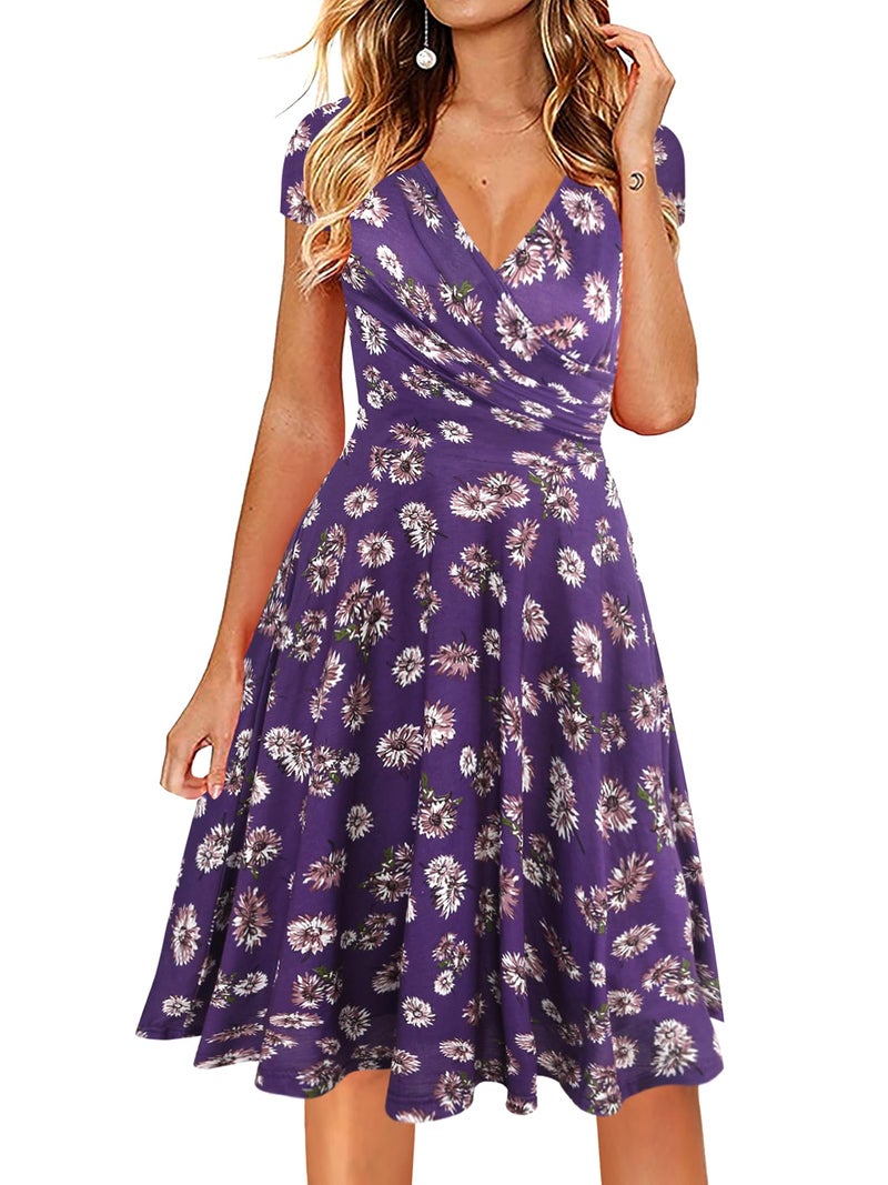 oxiuly Women's V-Neck Cap Sleeve Floral Casual Work Stretchy Swing Dress OX233 (L, Purple Floral) - Image 1